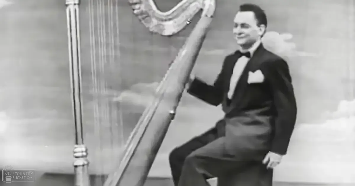 A man in an adult male age band wearing a formal tuxedo with a bow tie and pocket square plays a harp indoors.