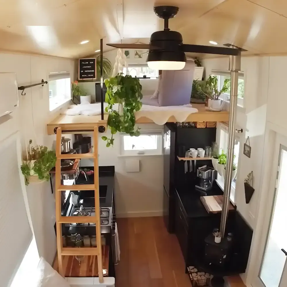 A cozy, compact living space with wooden flooring, a white loft bed, black countertop, hanging plant, and natural light from small windows.