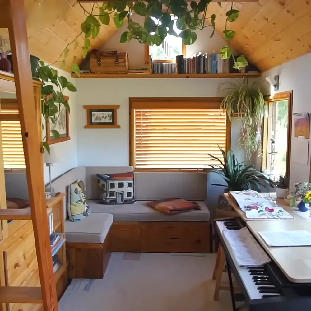 A cozy, compact living space with wooden furniture and plants indoors during the daytime.