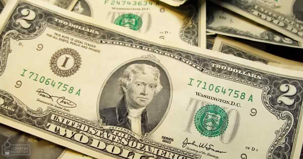Two-dollar bill with Thomas Jefferson with Washington D.C. as background setting