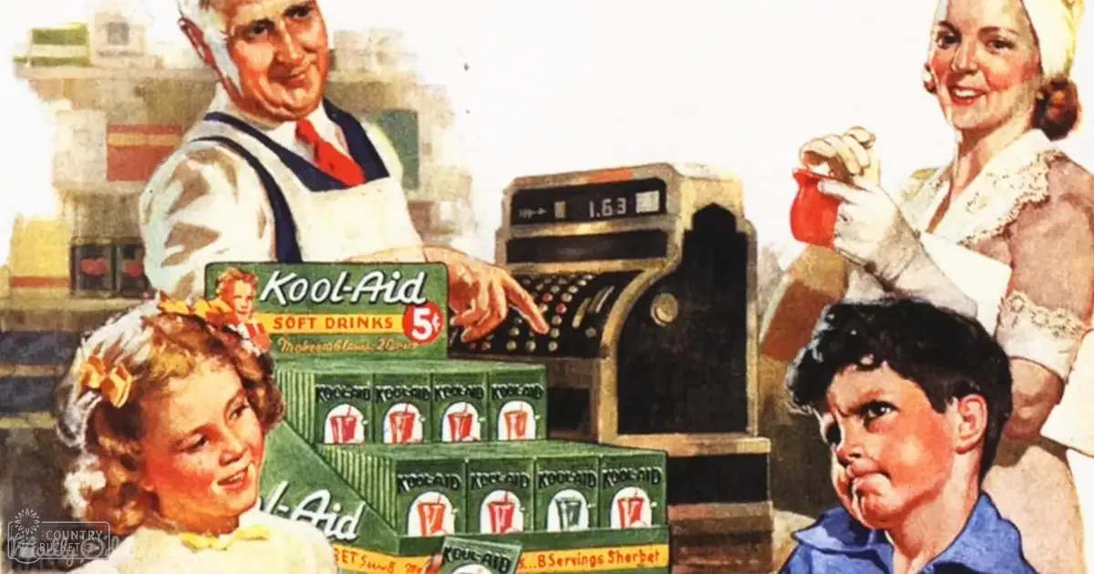 A vintage advertisement for Kool-Aid soft drinks with a middle-aged man in an old-fashioned store wearing a striped apron and interacting with various products.