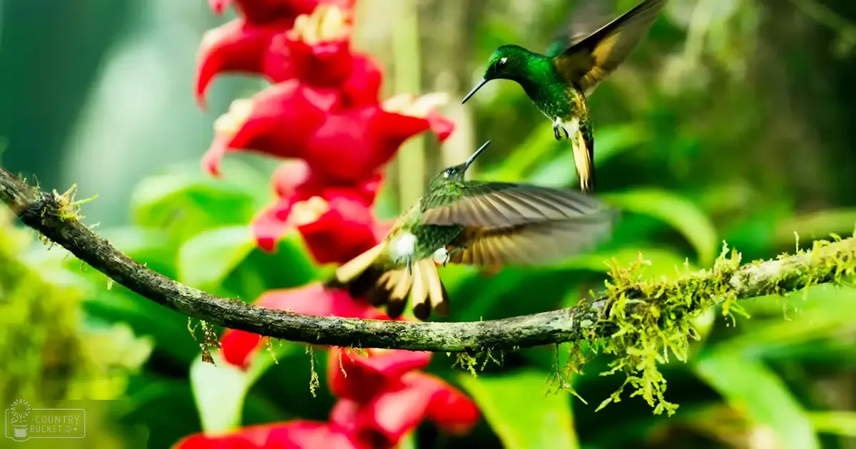 Two adult hummingbirds with vibrant green plumage hover near a red flower in a lush tropical rainforest setting with soft natural light filtering through dense foliage.