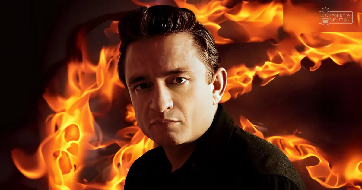 An adult male in a dark jacket or blazer stands against a fiery backdrop, possibly indoors at night.