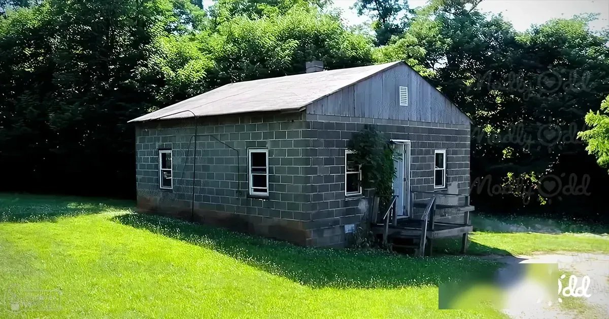 A small gray brick house with white-framed windows in a rural setting surrounded by lush greenery and dense forested area during spring or summer, clear daytime light