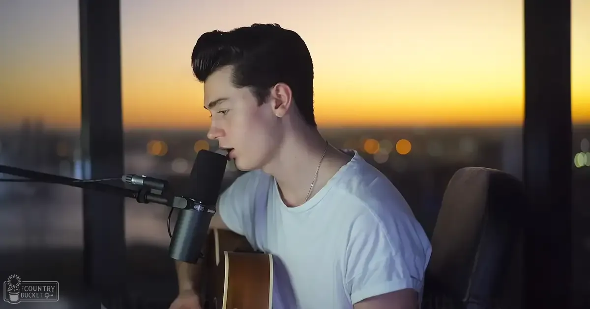 A young adult male singer wearing a light blue, crew-neck t-shirt with a microphone stand and guitar in front of him, set against a sunset cityscape view.
