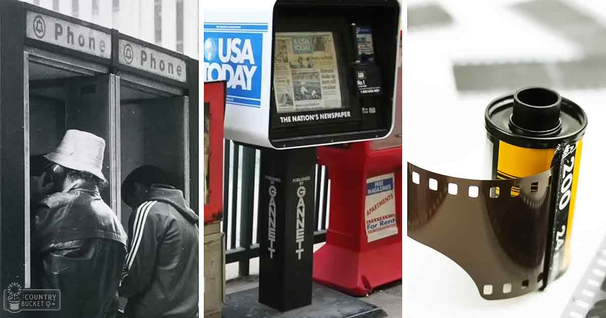 Urban street scene with a public phone booth and newspaper dispenser for 'USA Today' by Gannett, suggesting an older time period due to the style of clothing and technology.