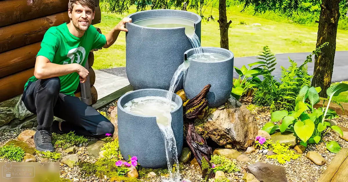 A young adult male in a green T-shirt surrounded by lush garden scenery with flowing water and rocks.