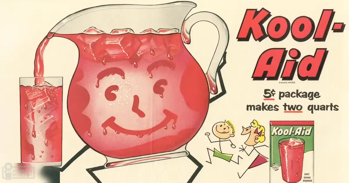 A large pitcher of Kool-Aid with a smiling face design next to two cartoon characters in an indoor setting.