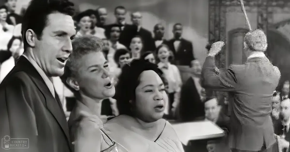 Adults singing in a church or community hall setting with rows of seated people during what appears to be daytime with natural light.