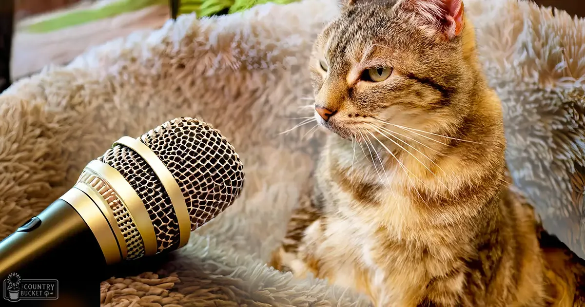 A tabby cat with brown, black, and white fur patterns sits indoors on a fluffy white blanket or rug next to a microphone.