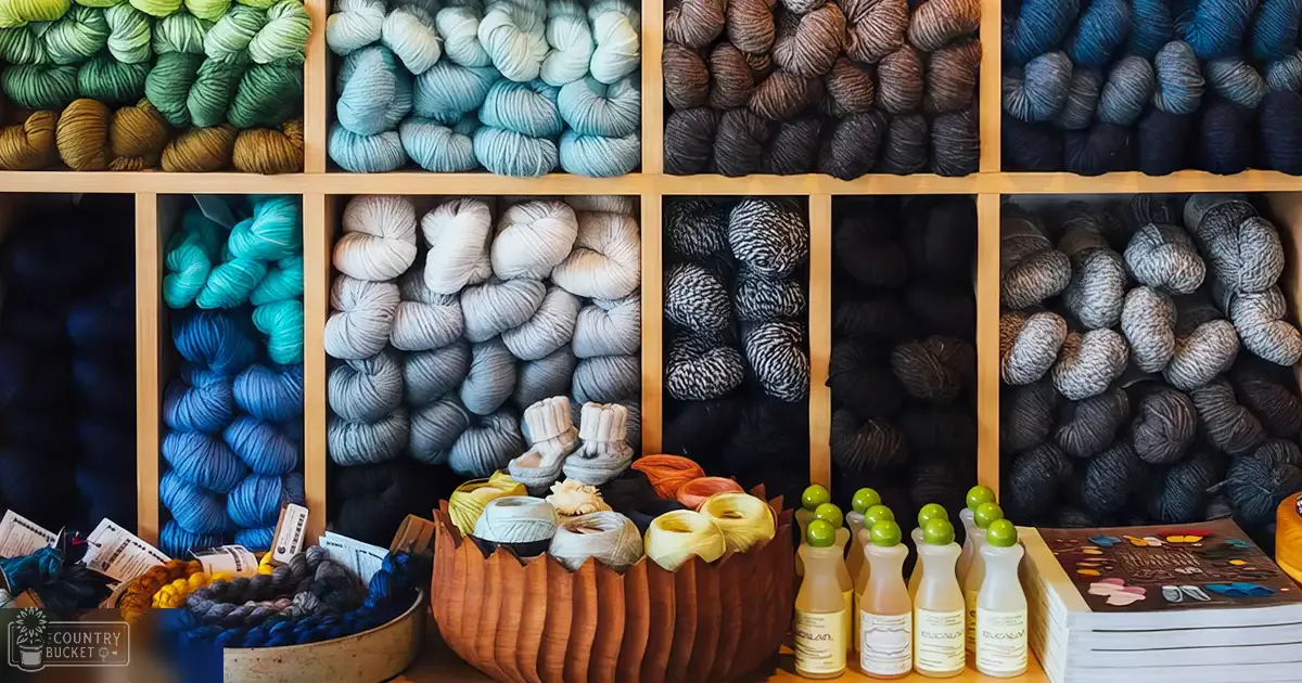A craft store interior with shelves full of colorful balls of yarn, baskets containing more yarns, bottles labeled 'Eucalan,' a book or magazine on knitting patterns, and other small crafting items.