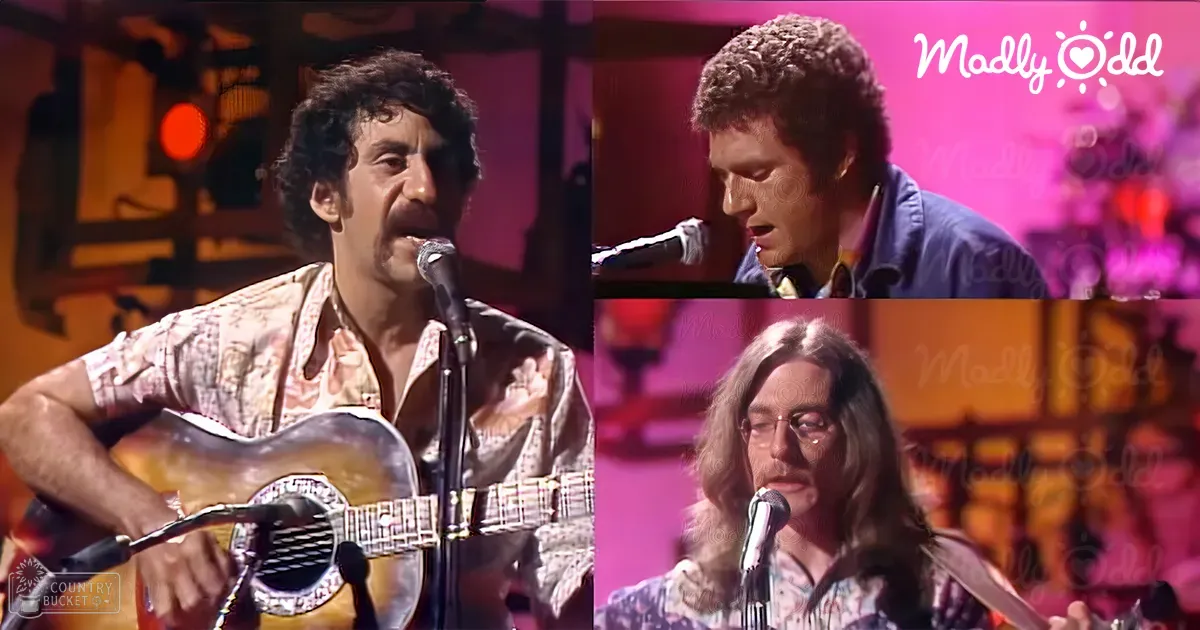 Musical performance with three adult male performers in a stage setting; warm lighting and decorative backdrop suggest a concert or television show environment.