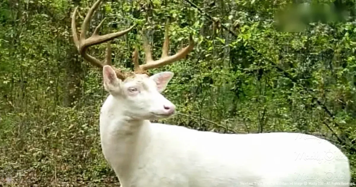 A white adult deer with large antlers stands amidst dense forest foliage in spring or summer, bathed in bright daylight.