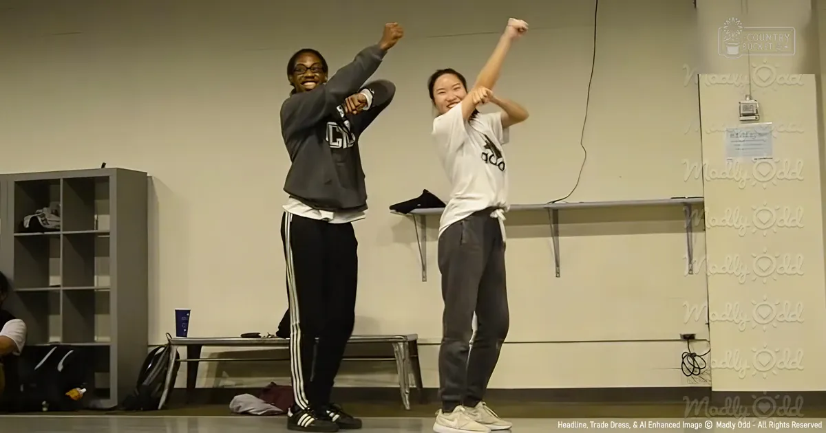 Two young adult females dancing in a gymnasium or school setting with artificial lighting.