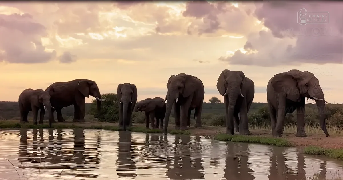 A herd of African elephants drinking at a watering hole, surrounded by trees under a cloudy sky with warm evening light.