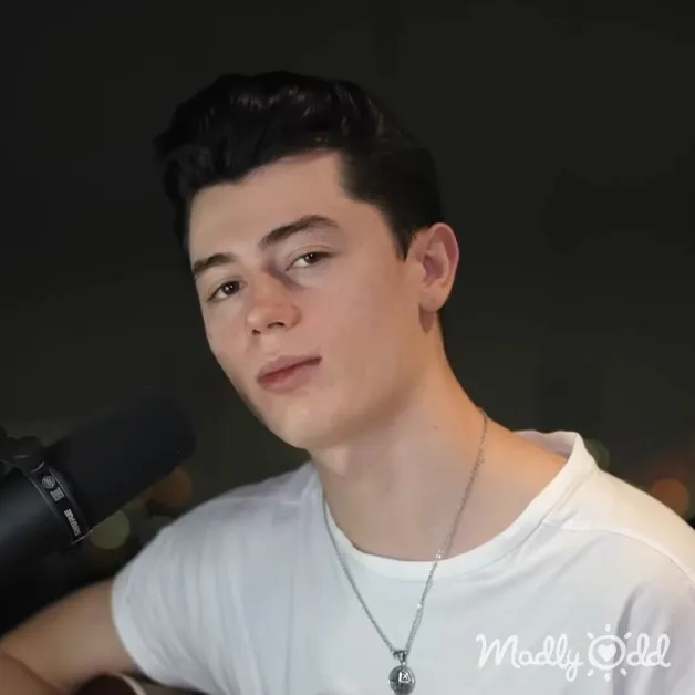 A young adult male wearing a white, relaxed, modern casual t-shirt indoors with a silver necklace with text and possibly a heart symbol.