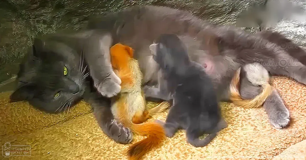 A black adult cat with green eyes, surrounded by several smaller kittens on a textured beige surface.