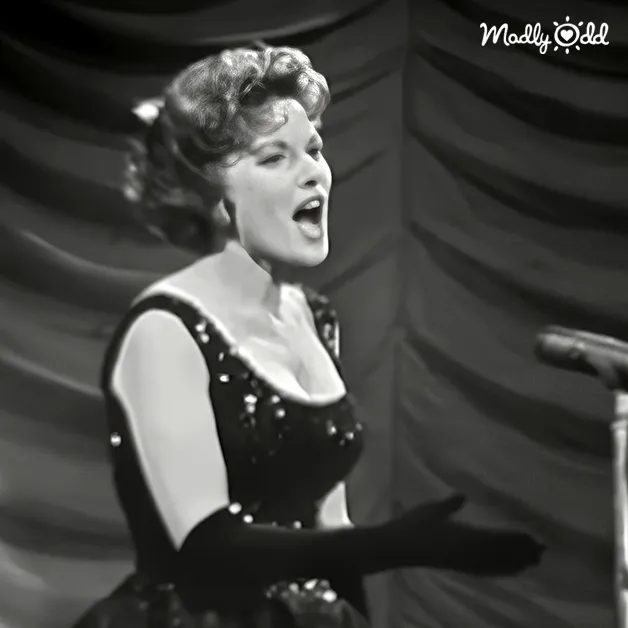 A middle-aged female performer in a black, mid-20th-century-style dress with decorative embellishments on stage or in a studio setting.