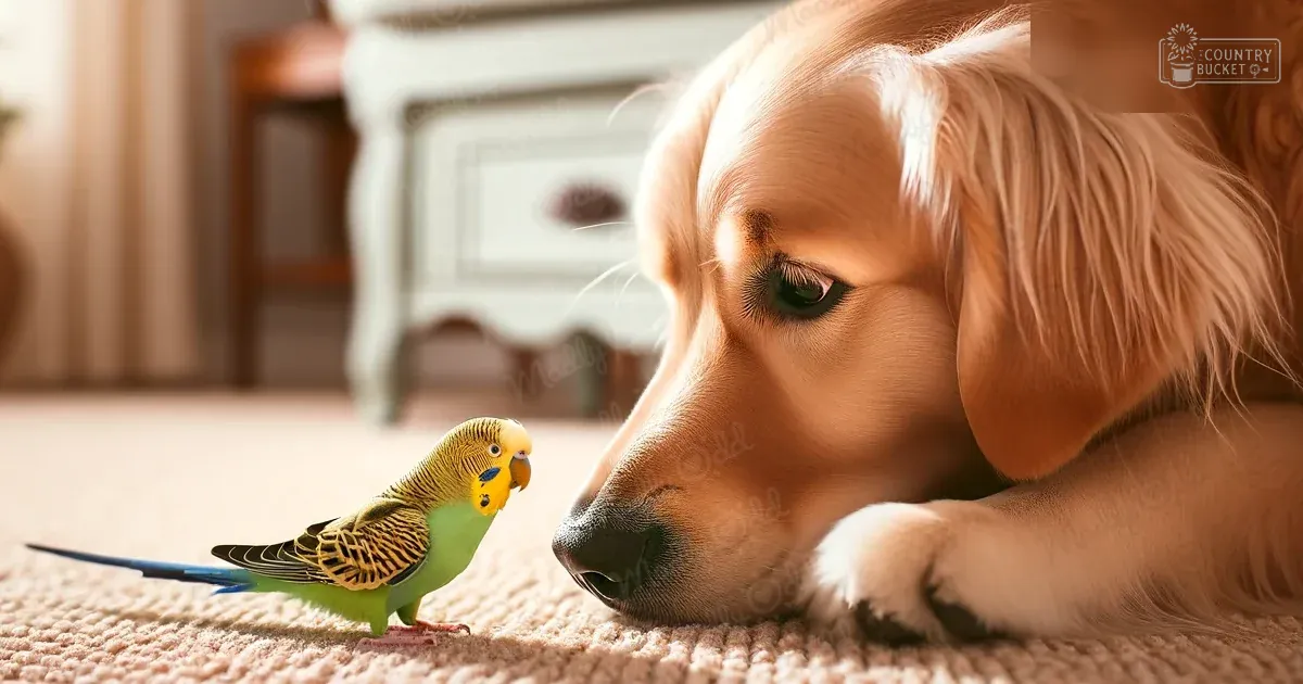 Golden retriever adult, budgerigar juvenile, indoor home setting, beige carpet, brown dog coat, green and yellow parakeet, white cabinet, Madly Odd text with heart symbol