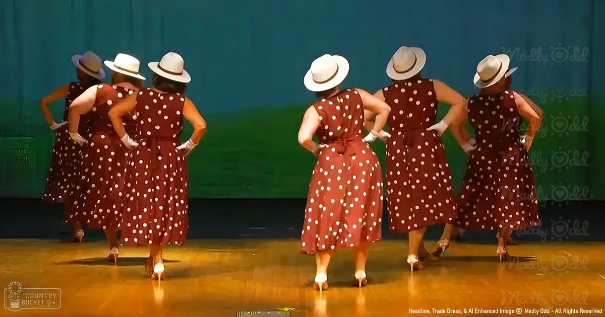 A group of adult female dancers performing in front of an audience at what seems to be a school or community event.