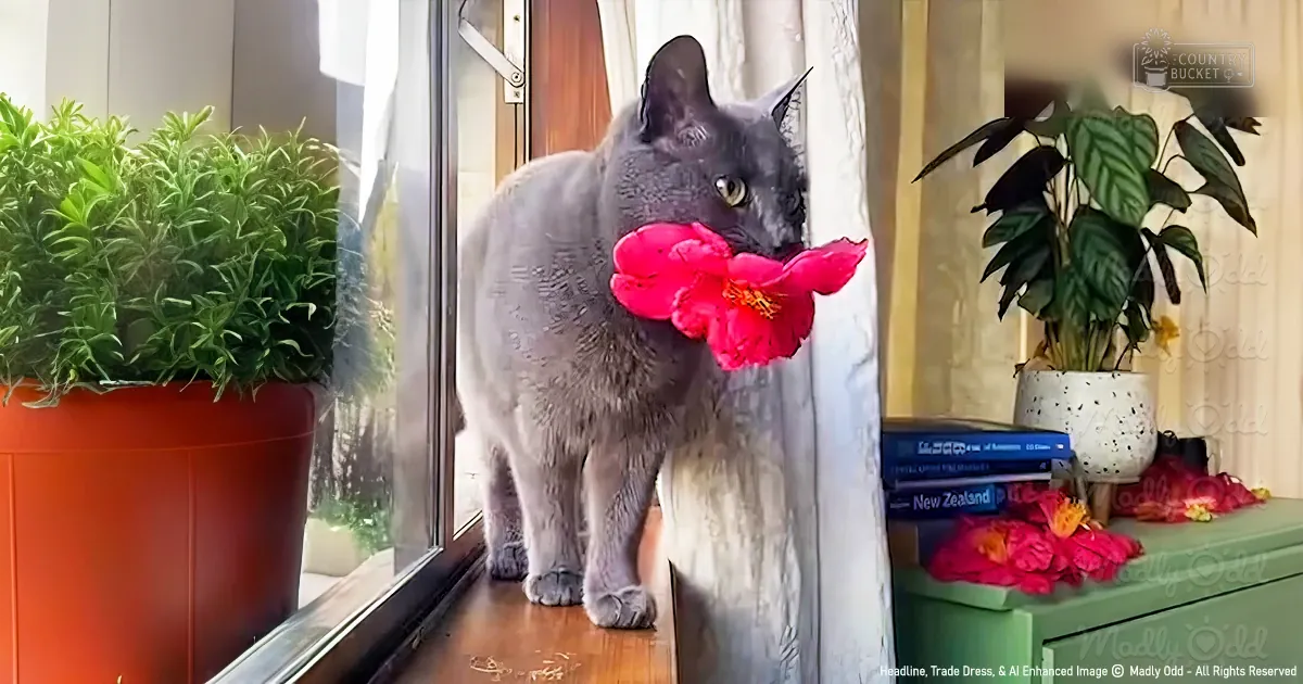 A gray cat with a smooth coat sits indoors near books, potted plants, and red flowers on a wooden windowsill.