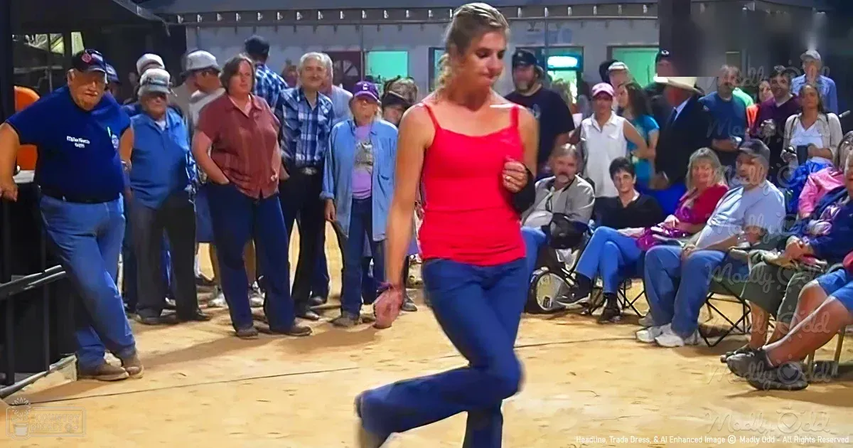 A young adult female dances energetically with others in a community hall or dance hall setting, surrounded by seated spectators.