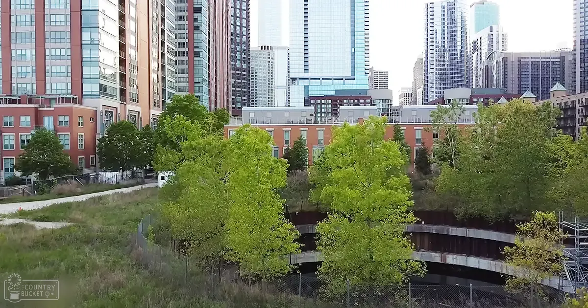 A cityscape with tall modern skyscrapers, residential buildings, greenery in the foreground, an underpass or bridge structure, and 'Madly Odd' text visible on a spring or summer day.