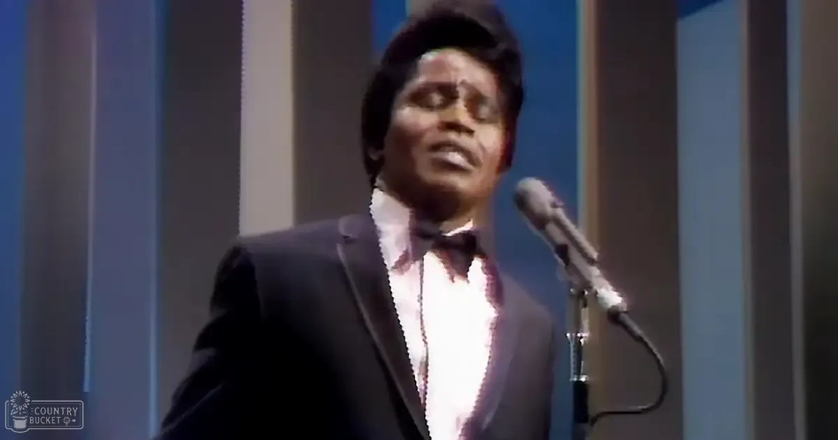A male performer in an adult, well-fitted dark suit with a white shirt and black bow tie stands on stage, illuminated by vertical light bars. A microphone stand is positioned to the right.