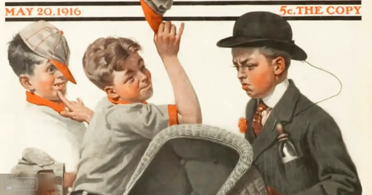Three children in vintage clothing from a 1916 advertisement, sitting on a plain off-white background with a wicker basket and a bottle of dark liquid.