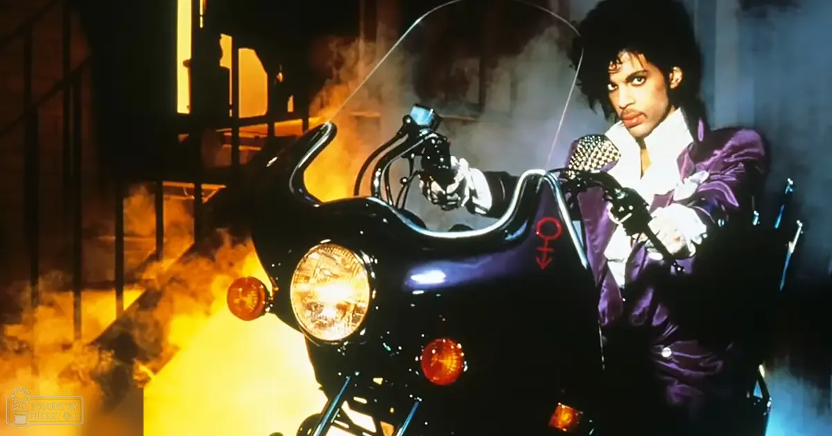 An adult male in a purple velvet suit rides a black motorcycle with red taillights in an urban setting at night.