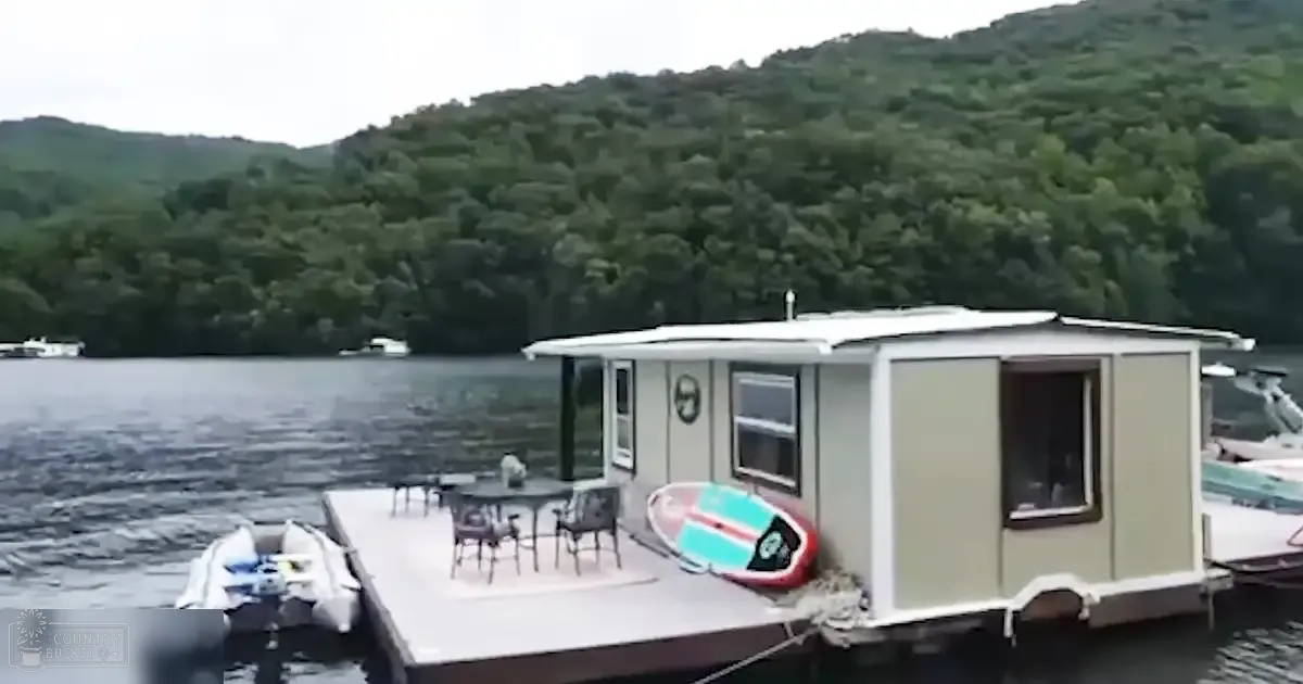 A serene lakeside marina surrounded by dense forested hills with overcast lighting.