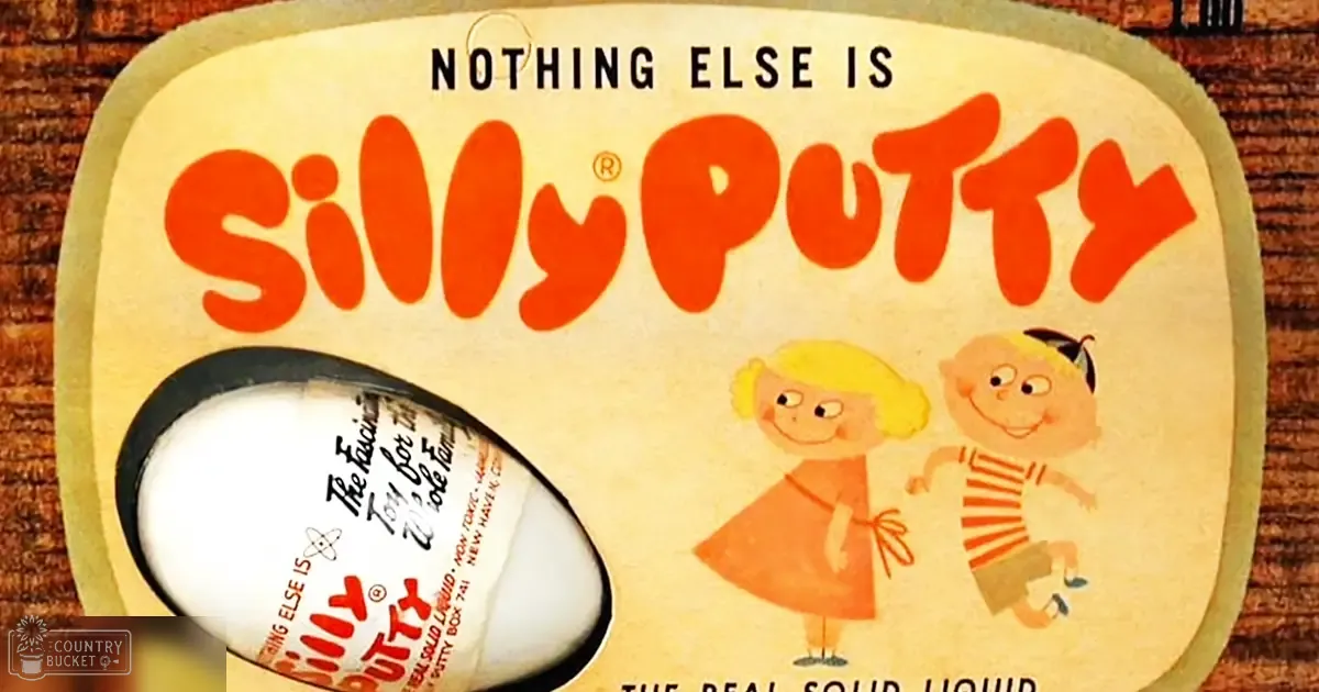 A vintage Silly Putty tin with two children playing, orange attire, indoor setting, even lighting.