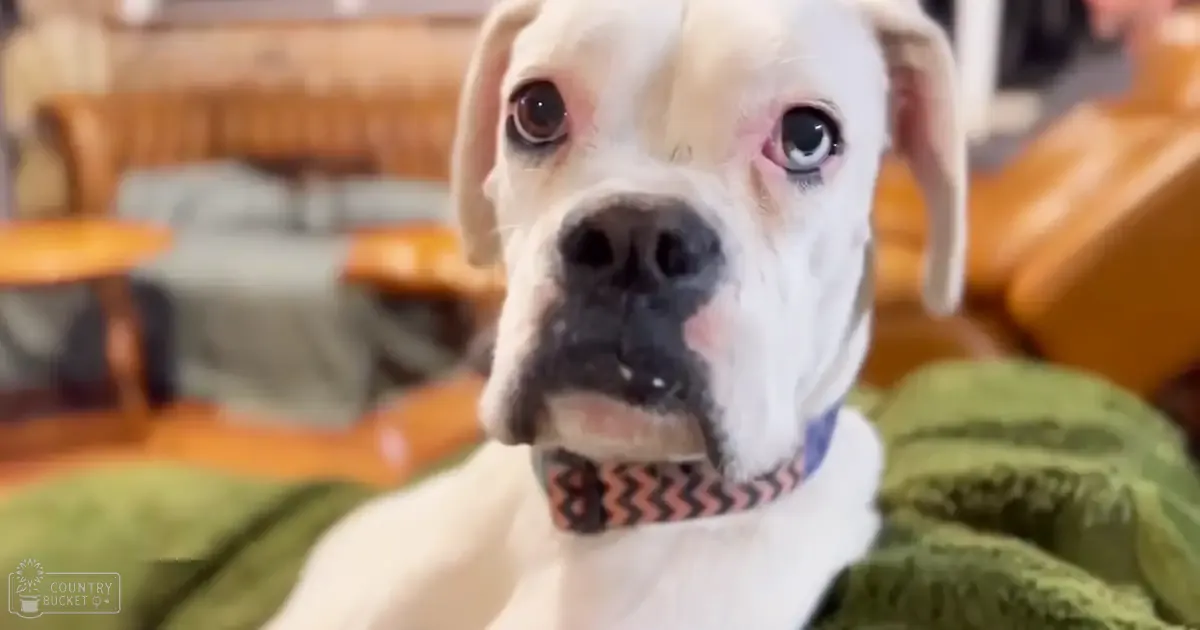 A white Boxer dog with a black nose, pink around its mouth, wearing a patterned bow tie on its collar, indoors in a living room setting with soft lighting.