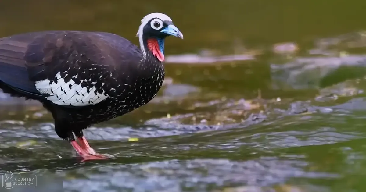 An Ocellated Turkey with distinctive black and white plumage, red wattles around its neck, and a blue beak in a natural setting near water.