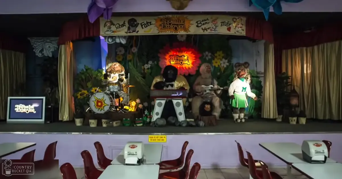 Puppet show scene with child and adult puppets, tables with red chairs, floral decorations, 'Rocksling Explosion' sign indoors
