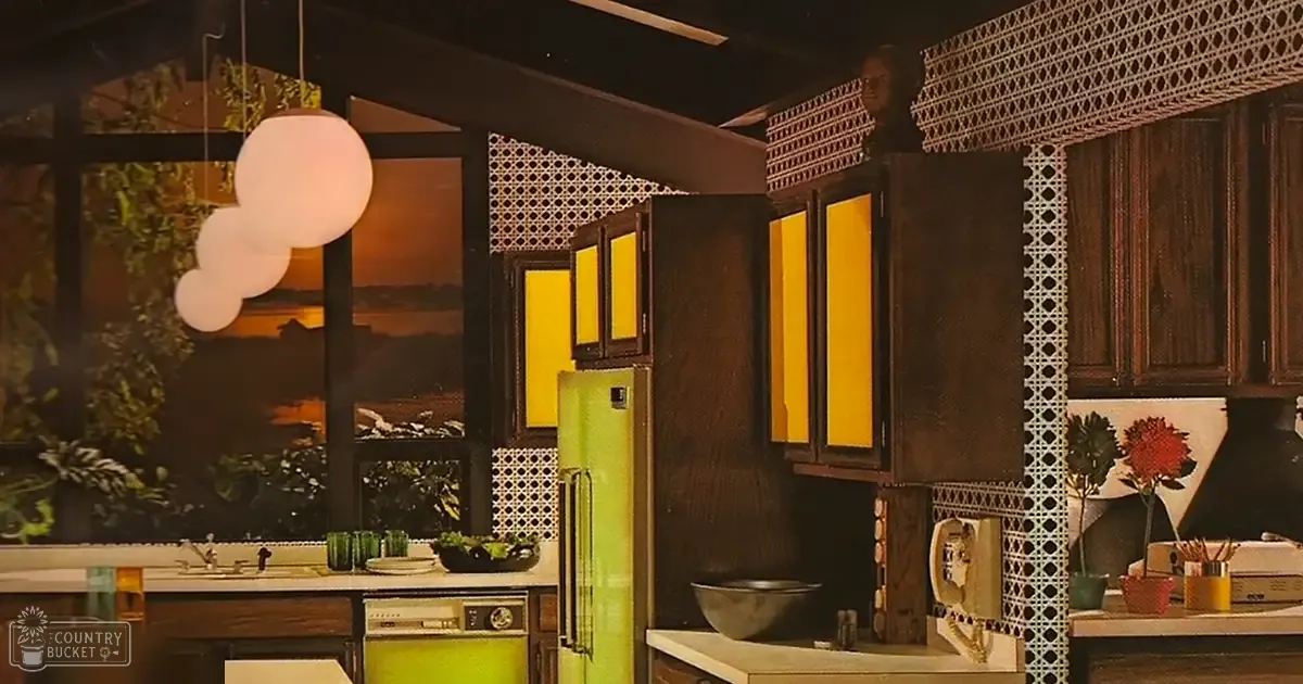 A retro kitchen scene with a green refrigerator, wooden cabinets, white countertop, hanging light fixture, and an outdoor view at dusk or dawn.
