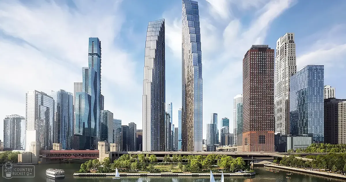 Chicago city skyline with modern skyscrapers, river, boats, and bridge under a clear sky at midday.