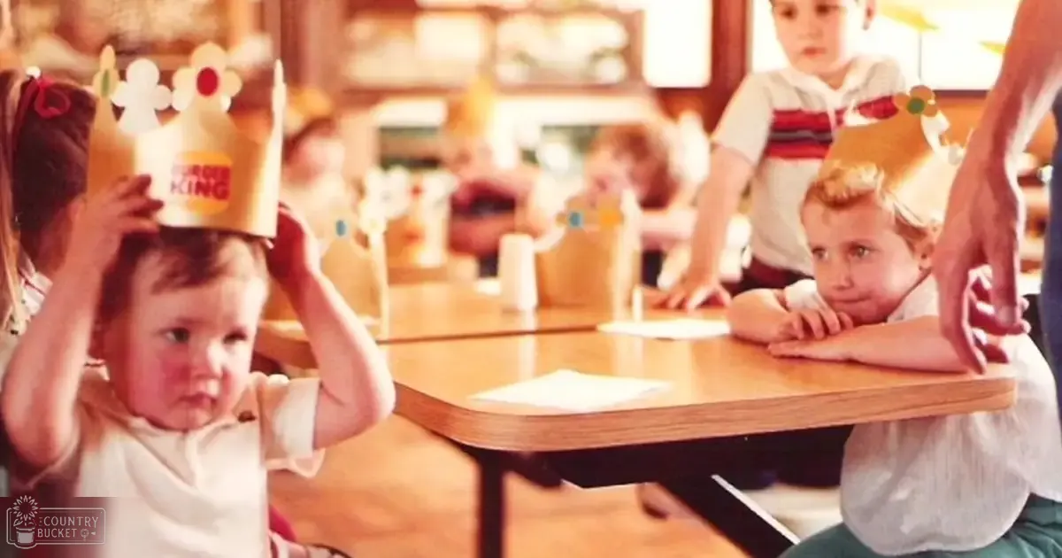 A toddler wearing a 'King' crown in a restaurant setting with wooden tables and chairs. A child in a striped red, white, and blue shirt is also present.