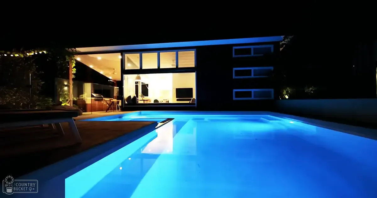 A modern house with an illuminated pool at night, lounge chairs near the pool, plants indoors, summer or spring setting, blue and white dominant colors.