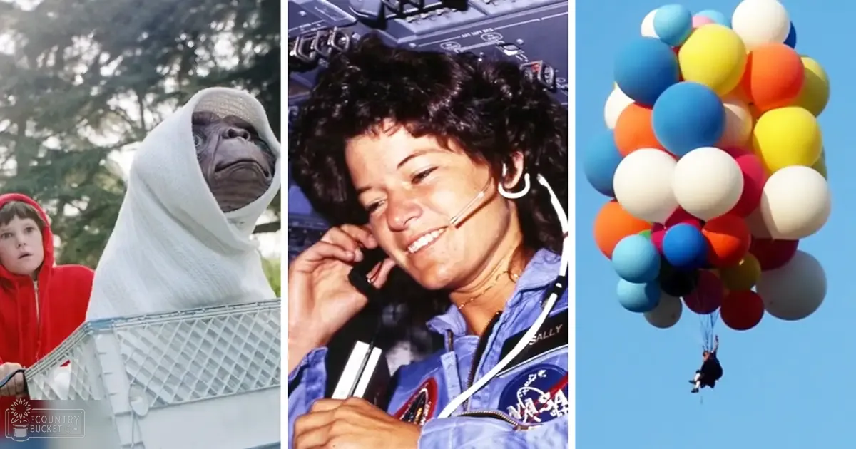 A collage with an E.T. character in a shopping cart with a child, Sally Ride wearing a NASA flight suit, and a person descending from colorful balloons against various outdoor settings.