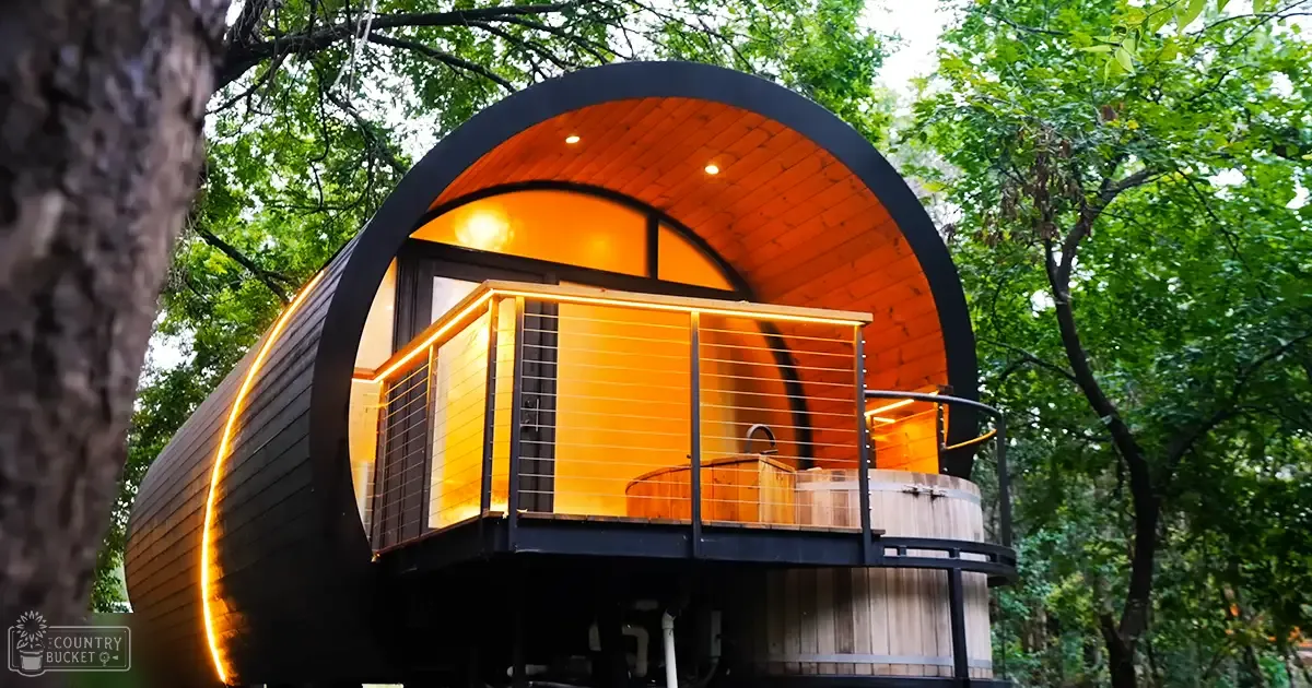 Modern arched treehouse in a forested area with wooden interior and outdoor soaking tub, spring or summer day with warm natural light and green trees surrounding the structure.