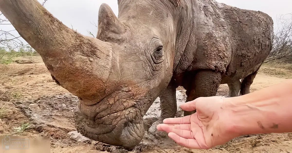 A black rhinoceros in a dry savanna-like environment with an adult male wearing a light-colored crew neck t-shirt, extending a hand towards it during daylight.