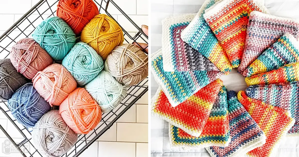 A variety of colorful yarn balls and crocheted items in shades of blue, orange, yellow, pink, gray, red, green, and white displayed on a black metal rack indoors.