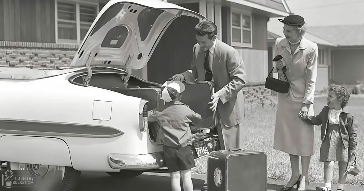A family preparing for travel in front of their home with a classic car and suitcases on the ground, suggesting spring or summer daytime.