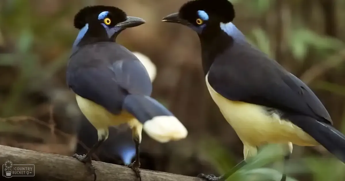 Two adult birds with black heads, blue eye patches, yellow chests, dark gray wings, set against a soft-focus forest backdrop with natural daylight filtering through the trees.