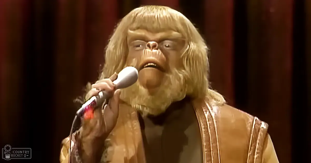 An adult male performer in a brown leather vest, patterned shirt on stage with a red and white microphone.