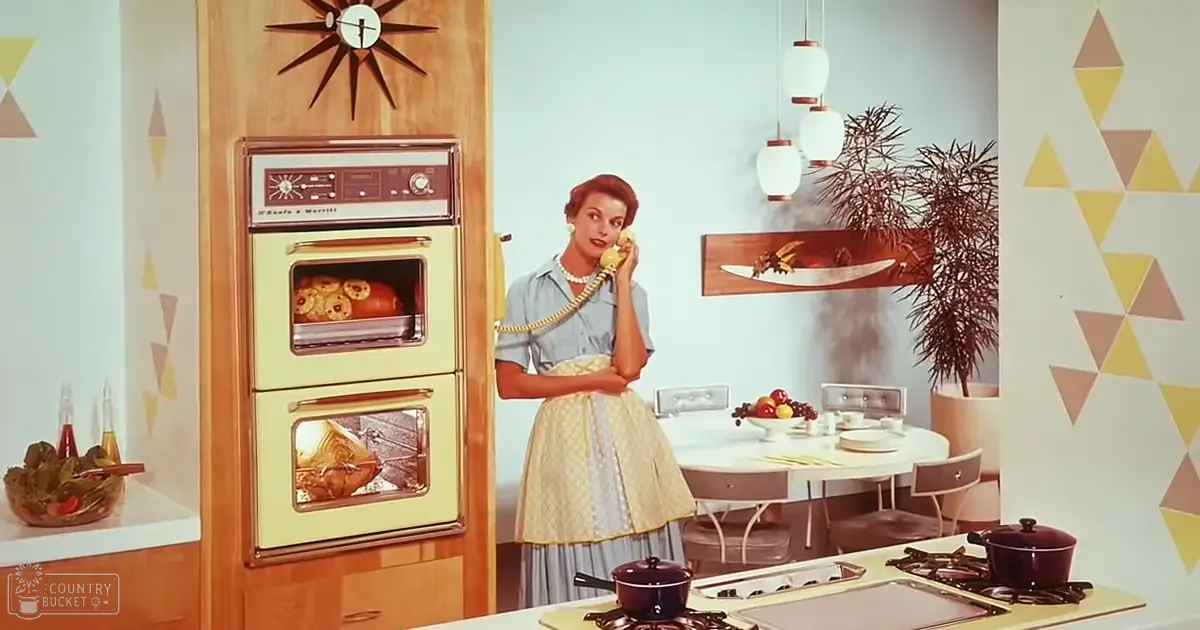 Adult female wearing a light blue dress with yellow apron, standing in a kitchen setting with double oven and dining table.