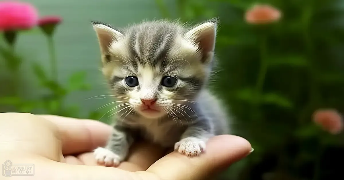 A young tabby kitten with gray and white fur being held in a garden setting during daytime.