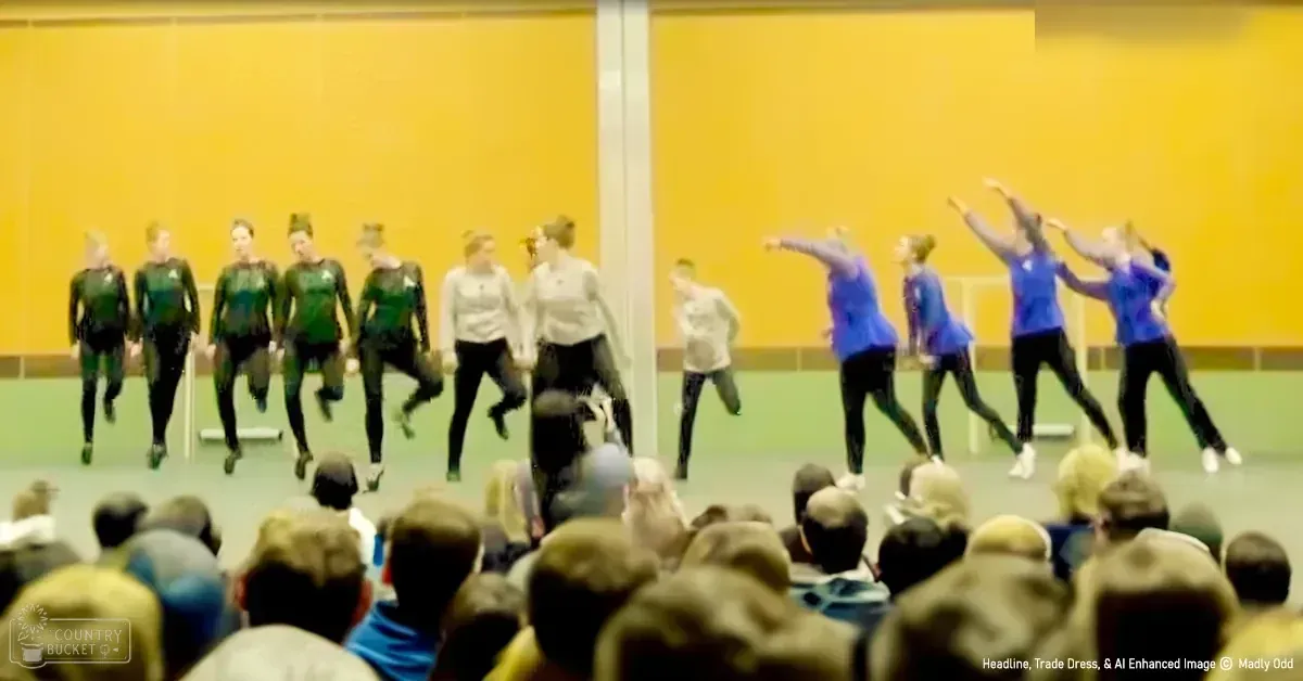 Young adults performing a dance routine indoors with yellow walls and green flooring, suggesting an indoor sports hall setting.