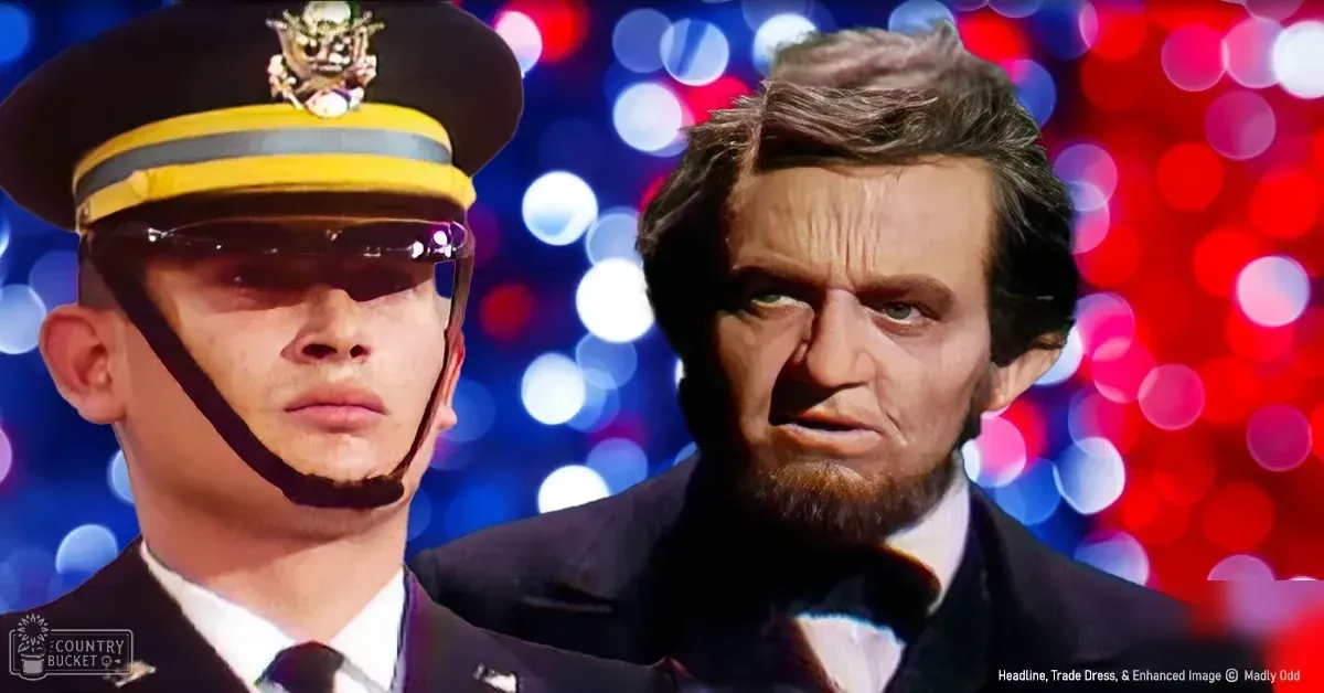 Two historical figures, one resembling Abraham Lincoln in formal attire and another in a modern military uniform with helmet, placed together against a festive indoor backdrop.